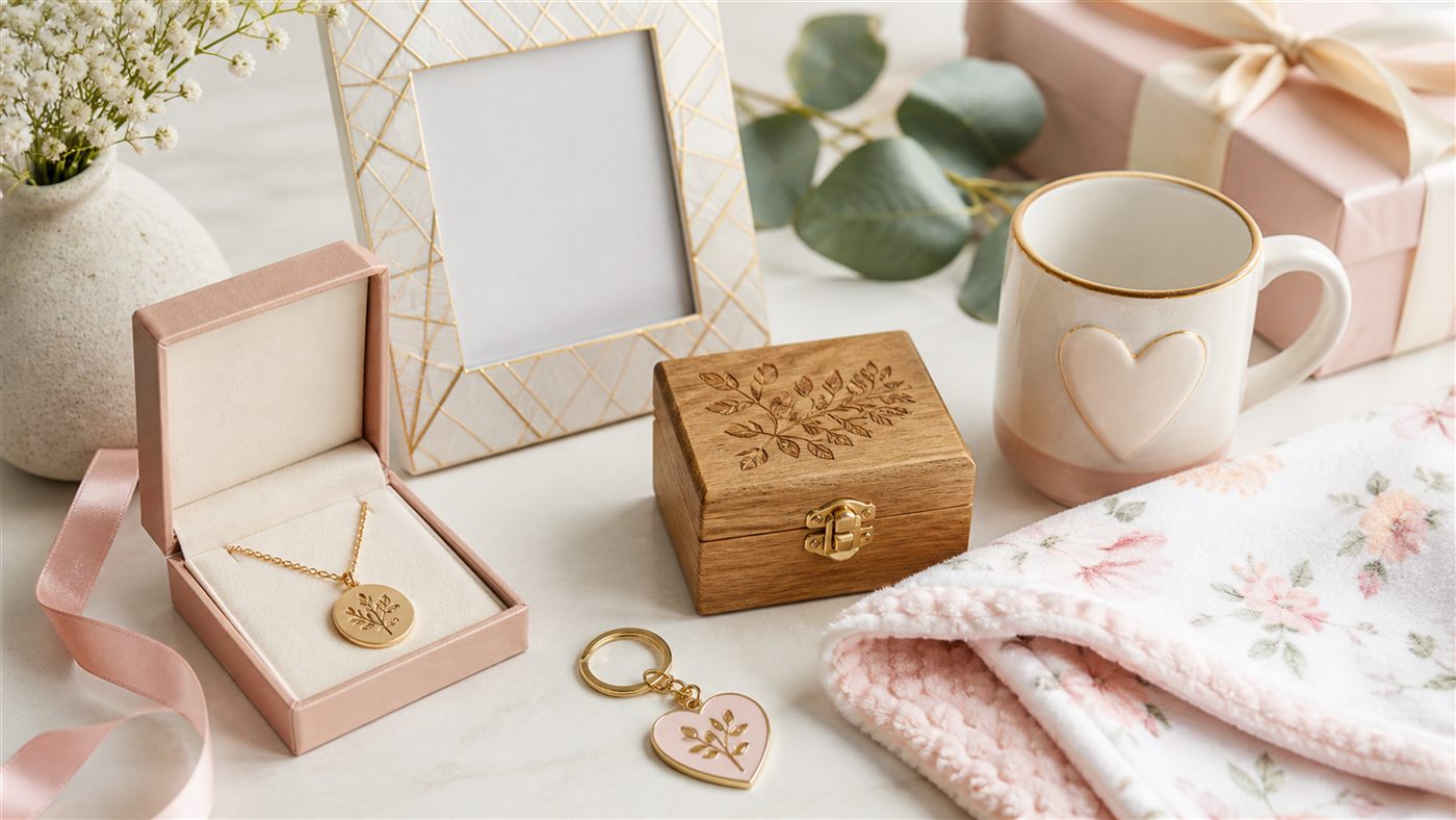 Finished personalized gifts from Habiba Arts, including engraved jewelry, a photo frame, a keepsake box, a mug, a keychain, and baby gifts