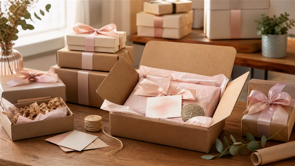 Habiba Arts gift-ready packaging with ribbon-tied boxes, tissue wrap, and a wax seal