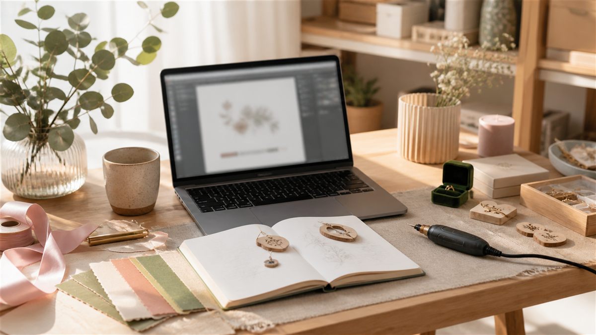 Habiba Arts creative desk with personalization sketches, engraving tools, and jewelry in progress